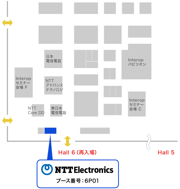 幕張メッセのホール内の地図。ホール6にあるNTTエレクトロニクスのブース6P01。