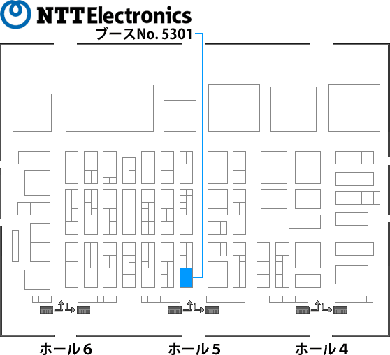 展示会場のフロア内にあるNTTエレクトロニクスのブース案内図。ブースNo.5301