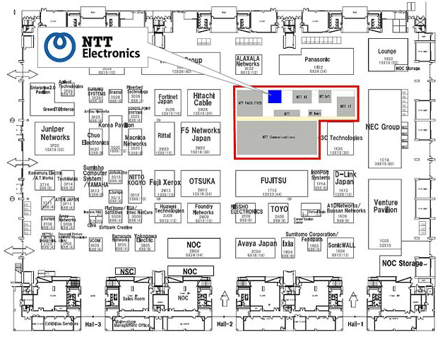 開催展示場の案内図。NTTエレクトロニクスはNTTグループブース内に出展します。NTTグループブースの場所はブース番号1K26です。