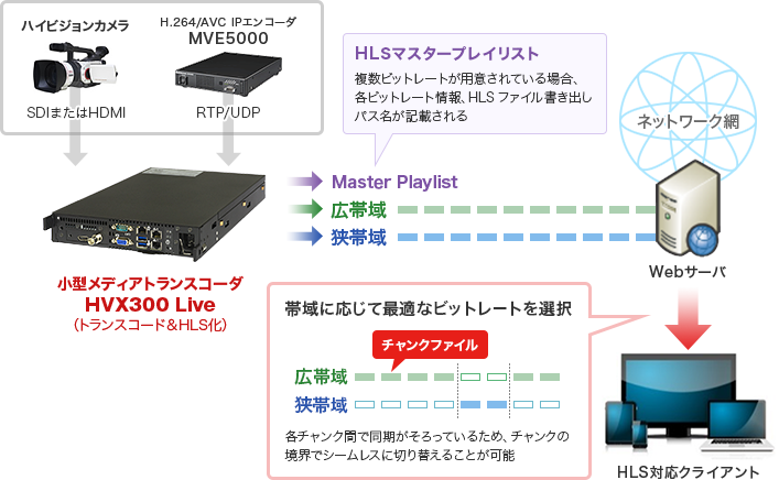 HVX300 Live 小型メディアトランスコーダの映像配信構成例の概要図